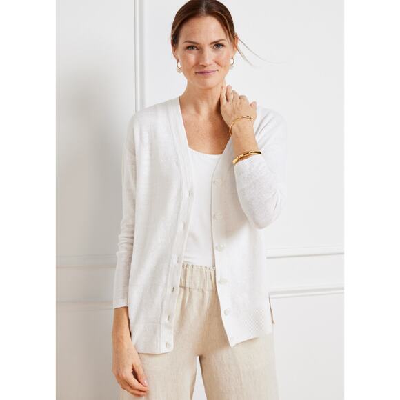 Talbots Sz L NWT Linen Girlfriend Cardigan White Button Up Longsleeve - Picture 1 of 6